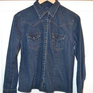 2/40$ REITMANS Petite southwestern style snap button up jeans blouse western med